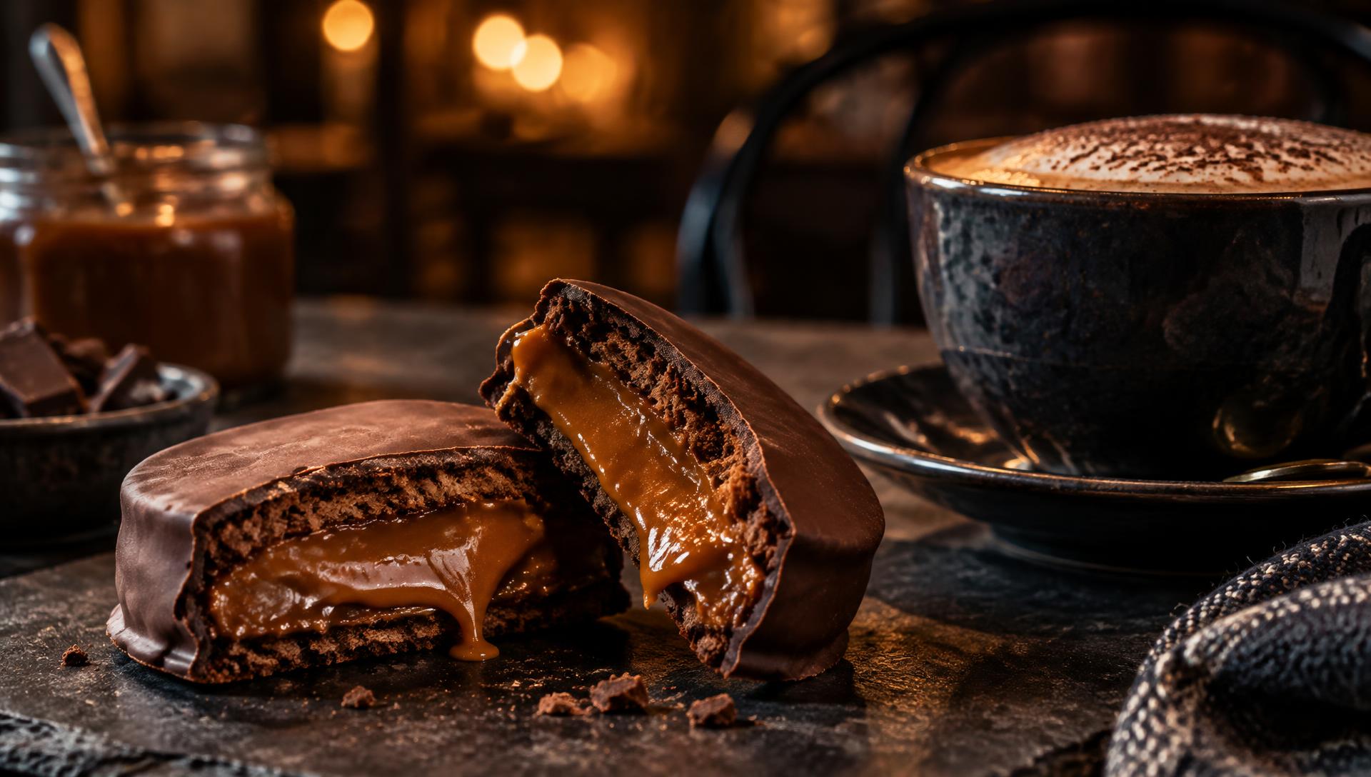 Alfajor de chocolate partido ao meio com doce de leite, ao lado de um cappuccino